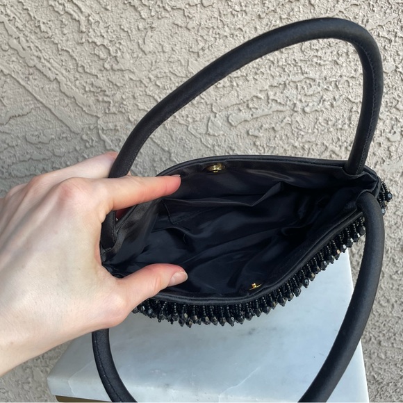 VINTAGE 90s Y2K Black Satin Beaded Fringe Handbag Formal Cocktail Evening Bag - Picture 11 of 12